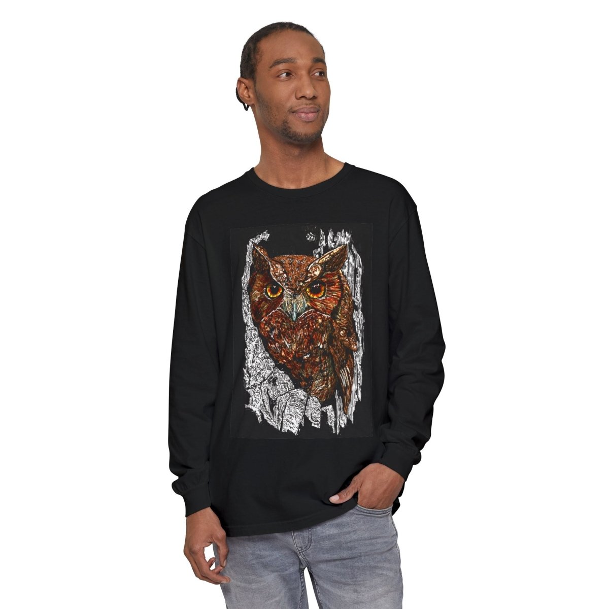 Artistic Owl Long Sleeve T-Shirt - Unisex Garment - Dyed Tee for Nature Lovers - Curran Artworks