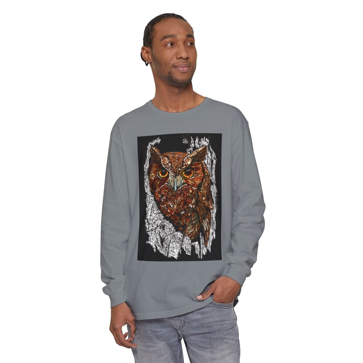 Artistic Owl Long Sleeve T-Shirt - Unisex Garment - Dyed Tee for Nature Lovers - Curran Artworks