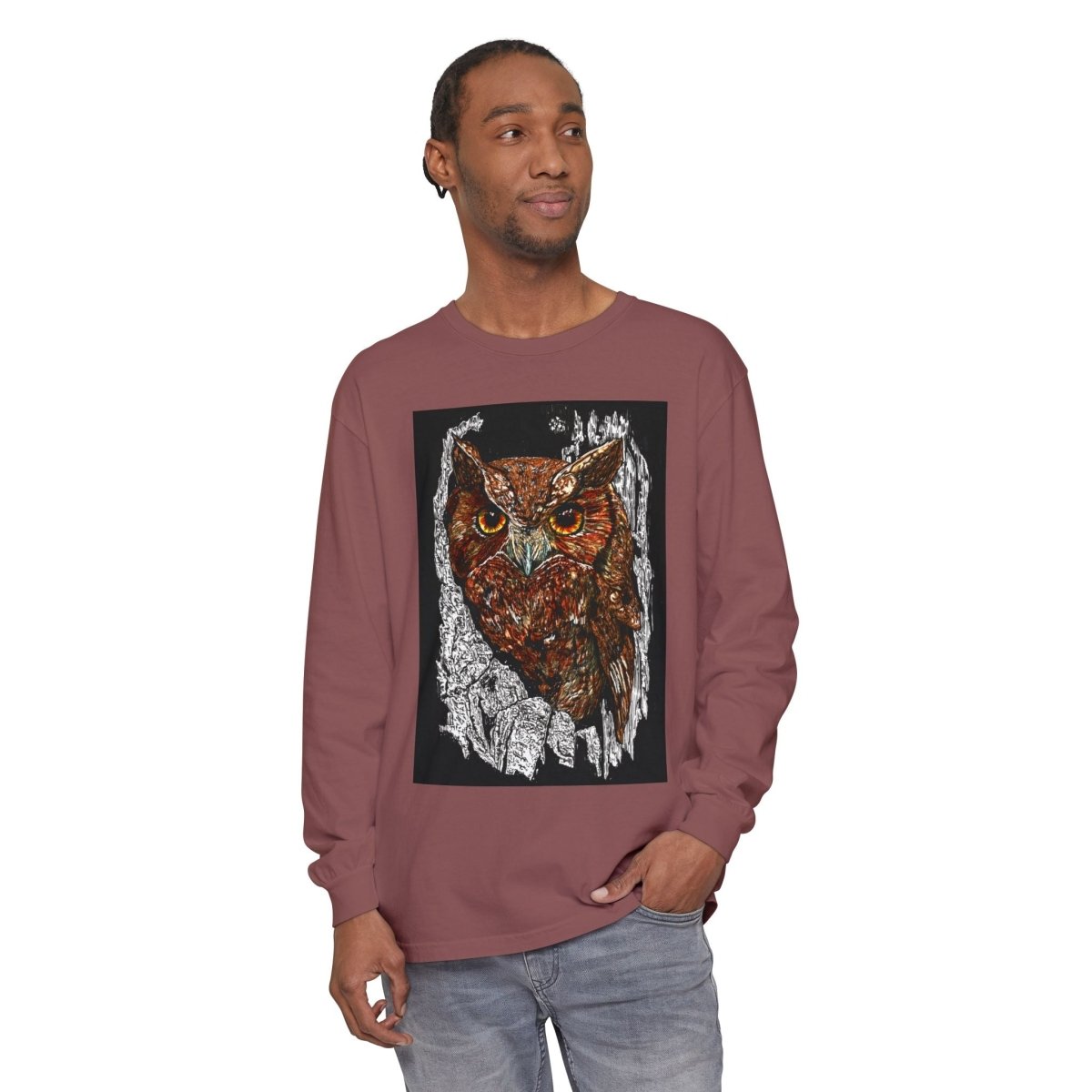 Artistic Owl Long Sleeve T-Shirt - Unisex Garment - Dyed Tee for Nature Lovers - Curran Artworks