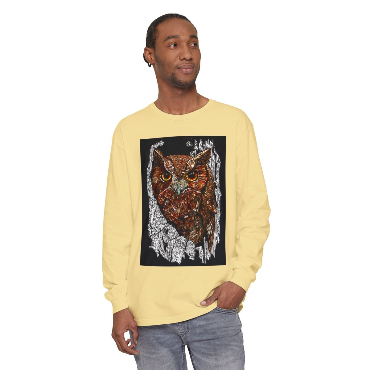 Artistic Owl Long Sleeve T-Shirt - Unisex Garment - Dyed Tee for Nature Lovers - Curran Artworks