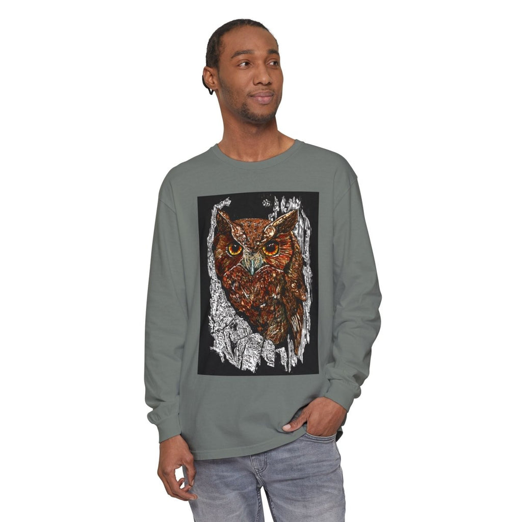 Artistic Owl Long Sleeve T-Shirt - Unisex Garment - Dyed Tee for Nature Lovers - Curran Artworks