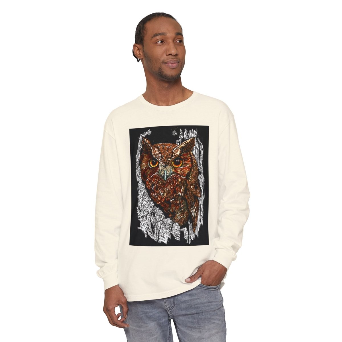 Artistic Owl Long Sleeve T-Shirt - Unisex Garment - Dyed Tee for Nature Lovers - Curran Artworks