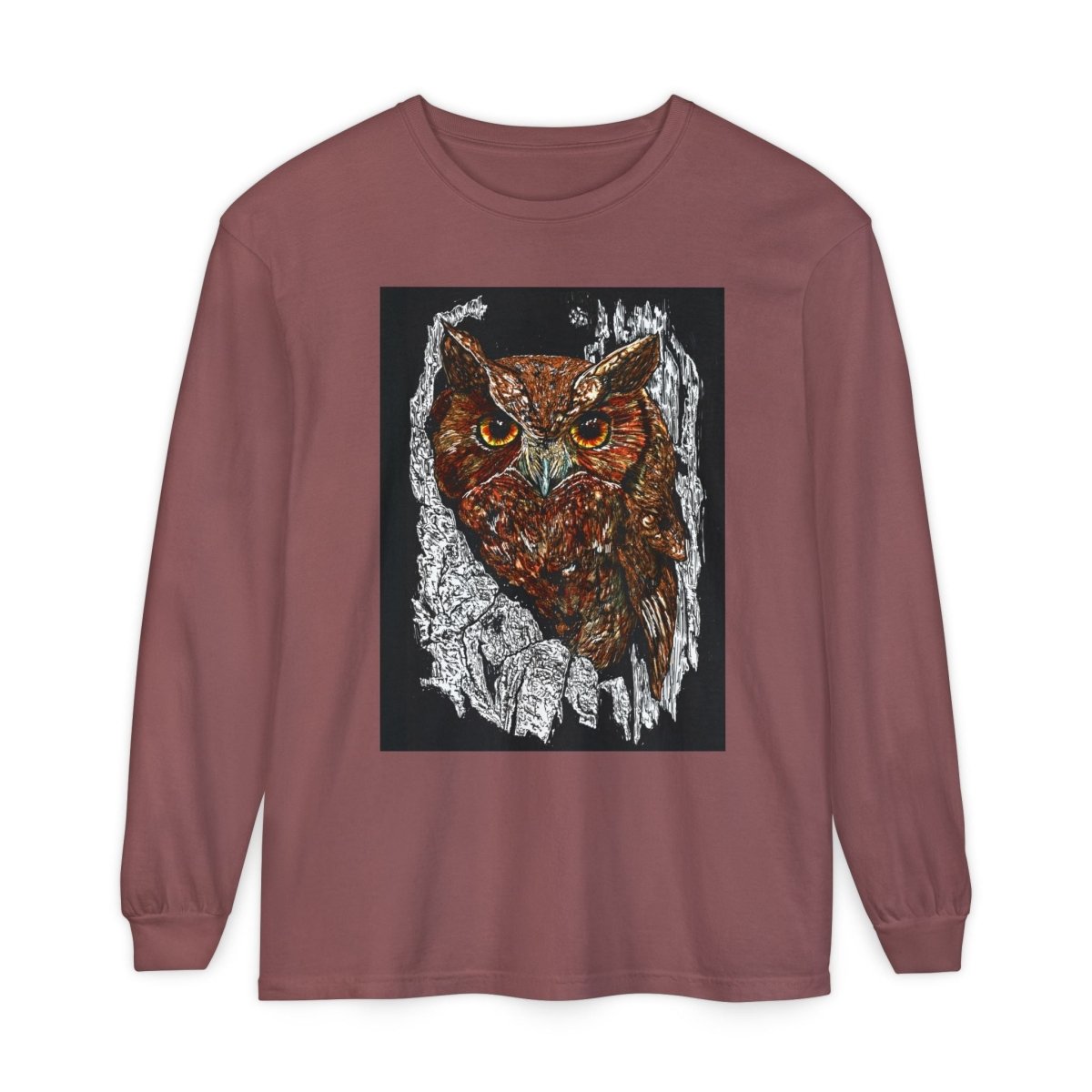Artistic Owl Long Sleeve T-Shirt - Unisex Garment - Dyed Tee for Nature Lovers - Curran Artworks