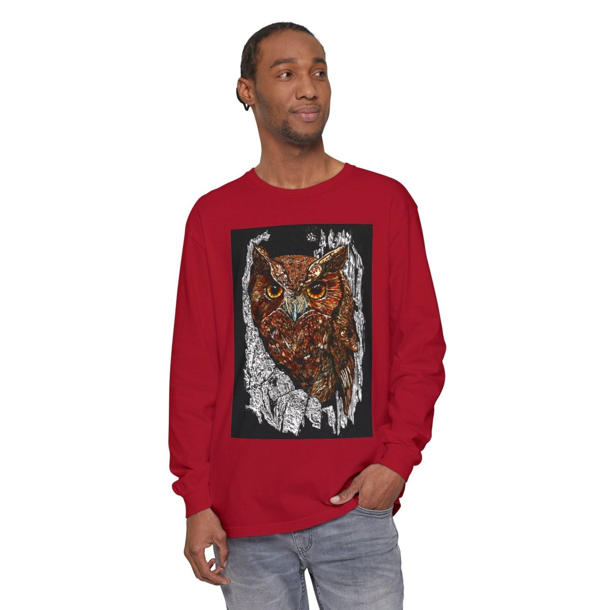 Artistic Owl Long Sleeve T-Shirt - Unisex Garment - Dyed Tee for Nature Lovers - Curran Artworks