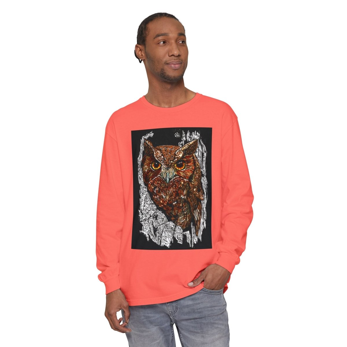 Artistic Owl Long Sleeve T-Shirt - Unisex Garment - Dyed Tee for Nature Lovers - Curran Artworks