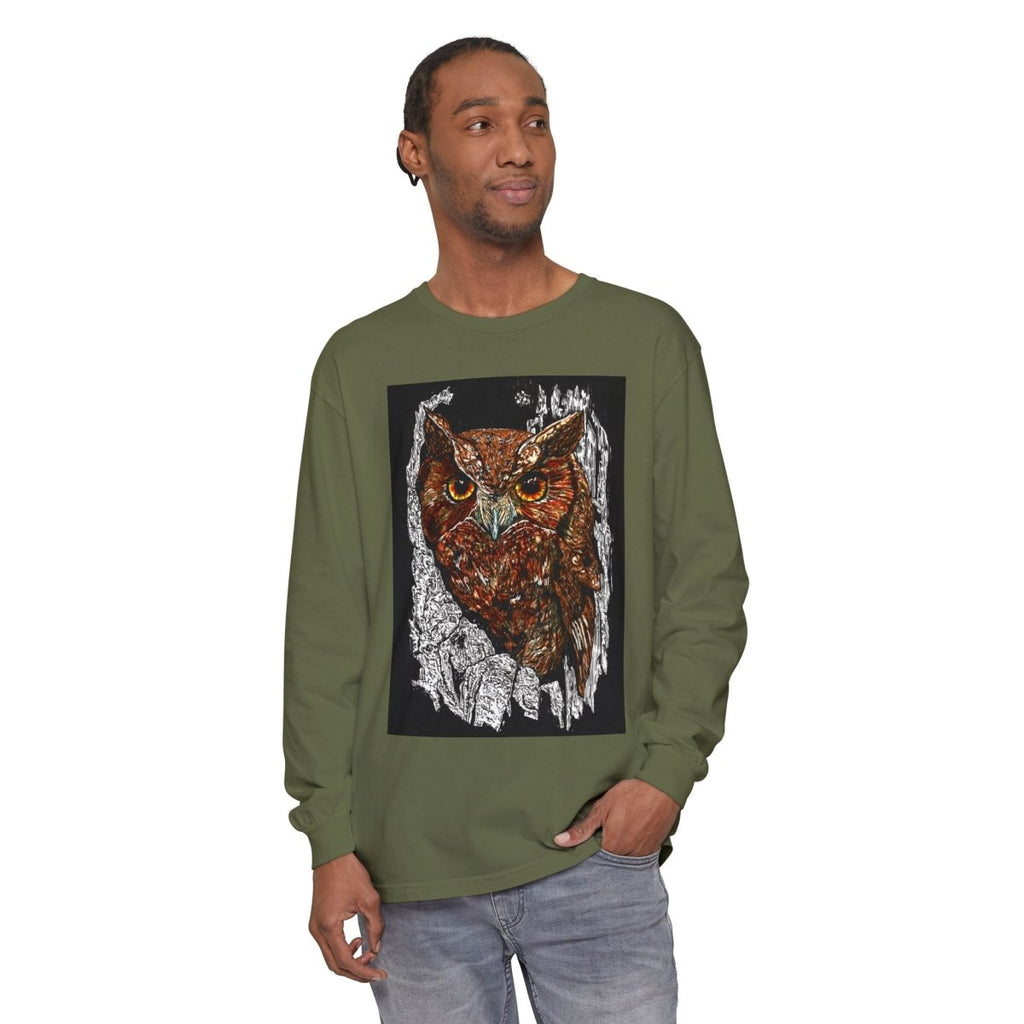 Artistic Owl Long Sleeve T-Shirt - Unisex Garment - Dyed Tee for Nature Lovers - Curran Artworks