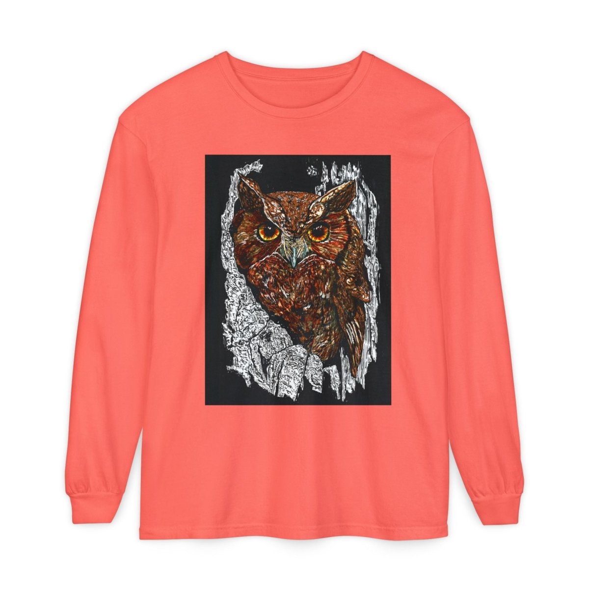Artistic Owl Long Sleeve T-Shirt - Unisex Garment - Dyed Tee for Nature Lovers - Curran Artworks
