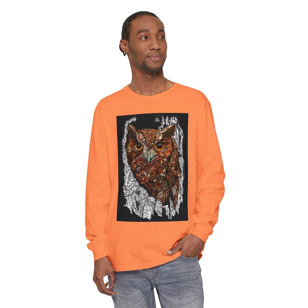 Artistic Owl Long Sleeve T-Shirt - Unisex Garment - Dyed Tee for Nature Lovers - Curran Artworks