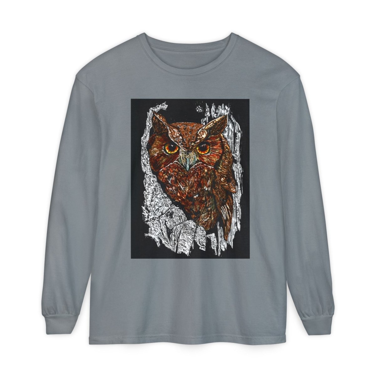Artistic Owl Long Sleeve T-Shirt - Unisex Garment - Dyed Tee for Nature Lovers - Curran Artworks
