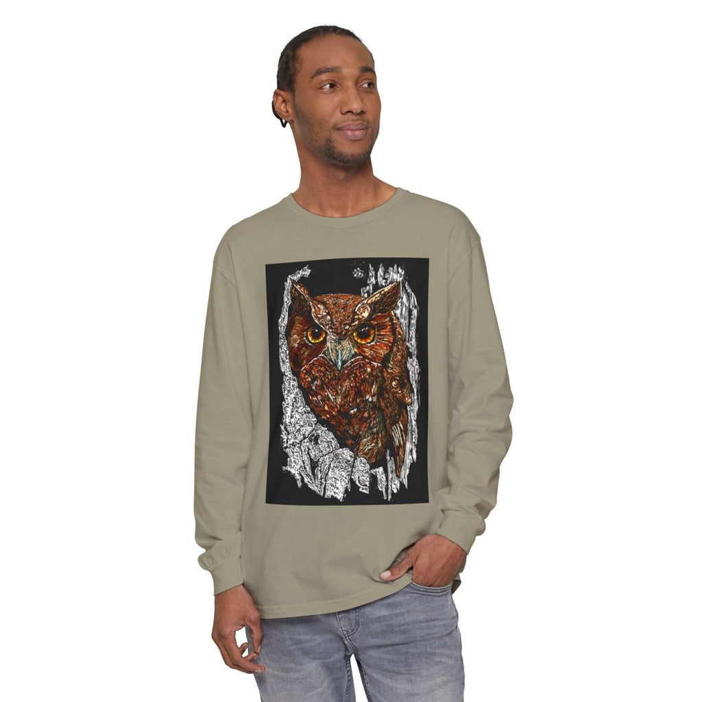 Artistic Owl Long Sleeve T-Shirt - Unisex Garment - Dyed Tee for Nature Lovers - Curran Artworks