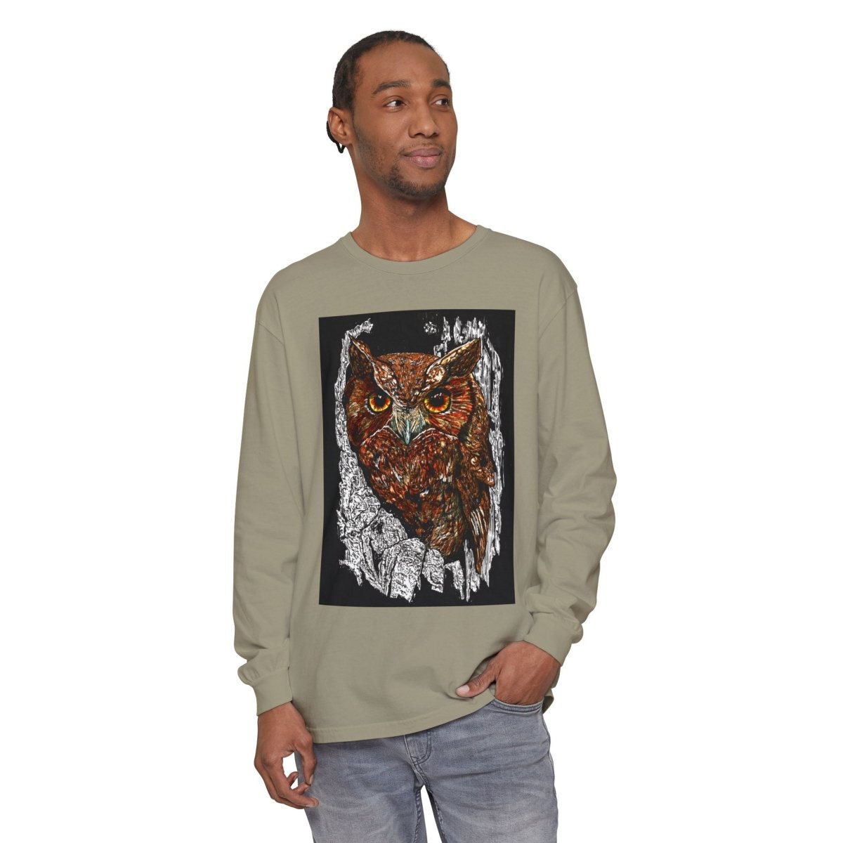 Artistic Owl Long Sleeve T-Shirt - Unisex Garment - Dyed Tee for Nature Lovers - Curran Artworks