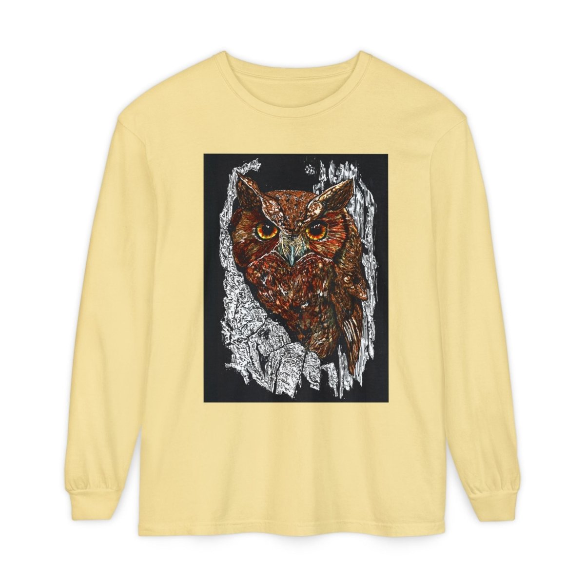 Artistic Owl Long Sleeve T-Shirt - Unisex Garment - Dyed Tee for Nature Lovers - Curran Artworks