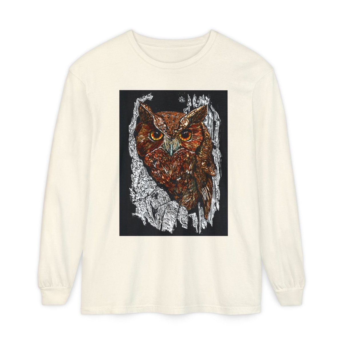 Artistic Owl Long Sleeve T-Shirt - Unisex Garment - Dyed Tee for Nature Lovers - Curran Artworks