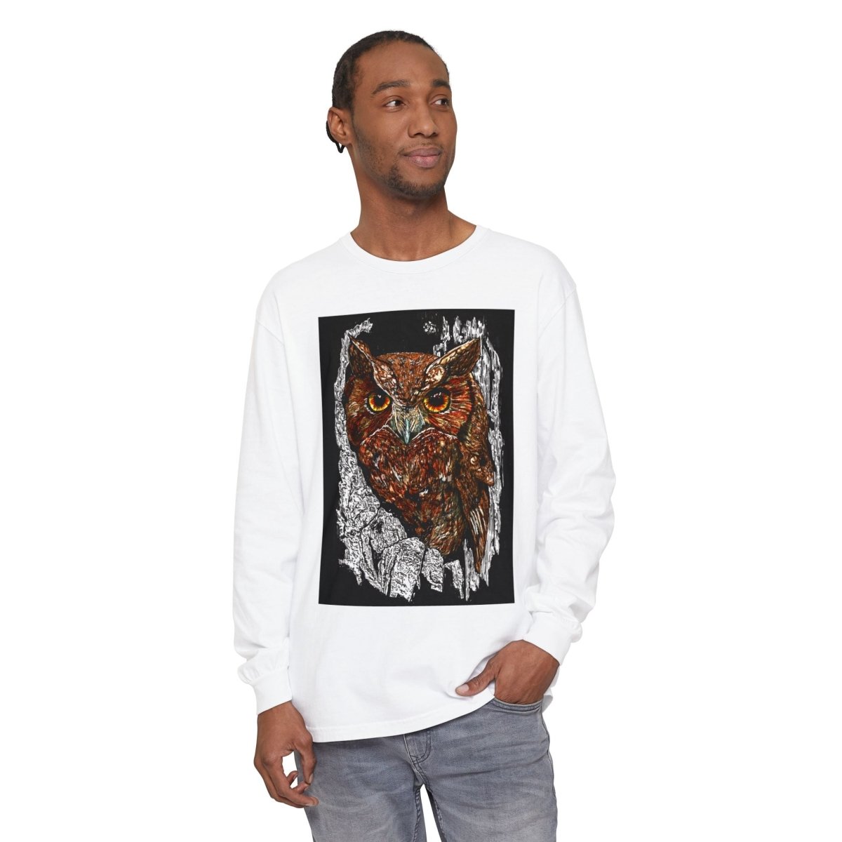 Artistic Owl Long Sleeve T-Shirt - Unisex Garment - Dyed Tee for Nature Lovers - Curran Artworks