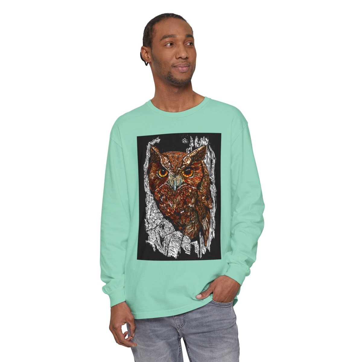 Artistic Owl Long Sleeve T-Shirt - Unisex Garment - Dyed Tee for Nature Lovers - Curran Artworks