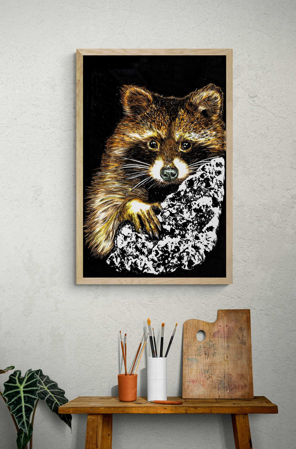Woodland Watcher – Original Hand-Drawn Raccoon in a Tree by Artist Kris Curran here at Curran Artworks | 22” x 30” Ink & Copic on Bristol Board