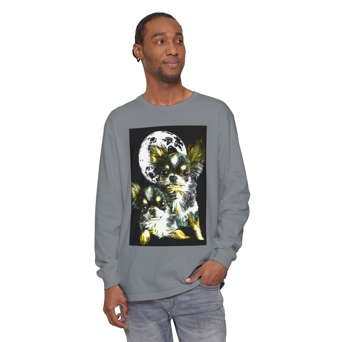Chihuahua Moonlight Long Sleeve T-Shirt - Unisex Garment - Dyed Tee - Curran Artworks