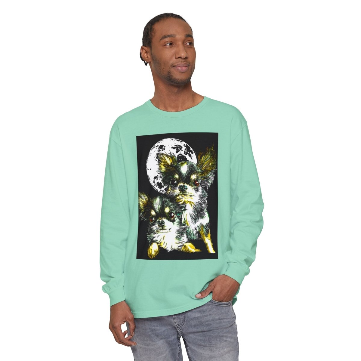 Chihuahua Moonlight Long Sleeve T-Shirt - Unisex Garment - Dyed Tee - Curran Artworks