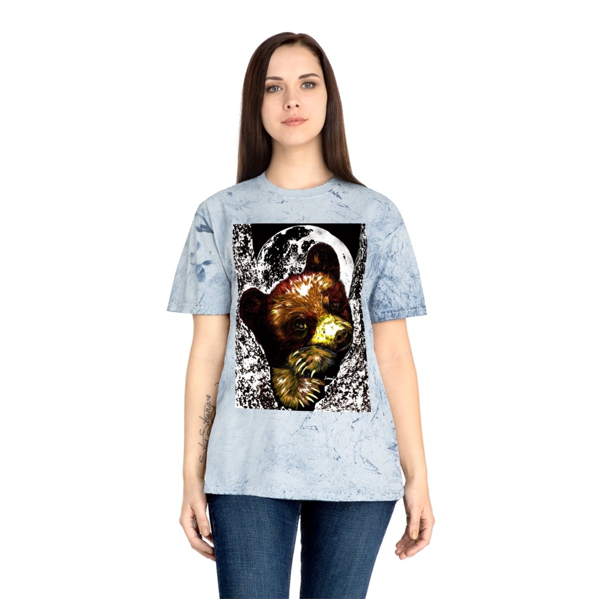 Colorful Brown Bear Cub Moon Unisex T-Shirt - Artistic Wildlife Design - Curran Artworks