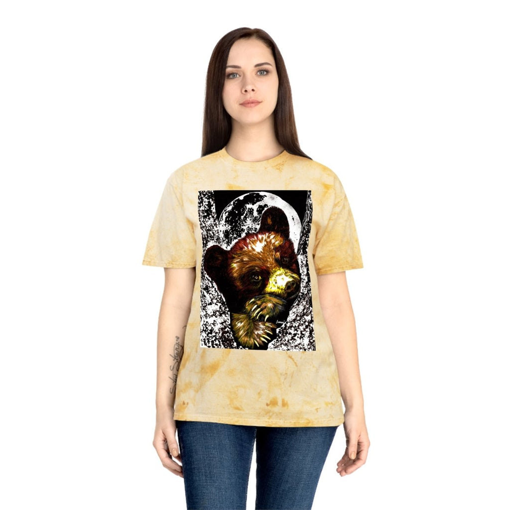 Colorful Brown Bear Cub Moon Unisex T-Shirt - Artistic Wildlife Design - Curran Artworks