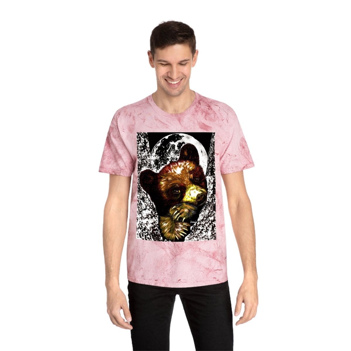 Colorful Brown Bear Cub Moon Unisex T-Shirt - Artistic Wildlife Design - Curran Artworks