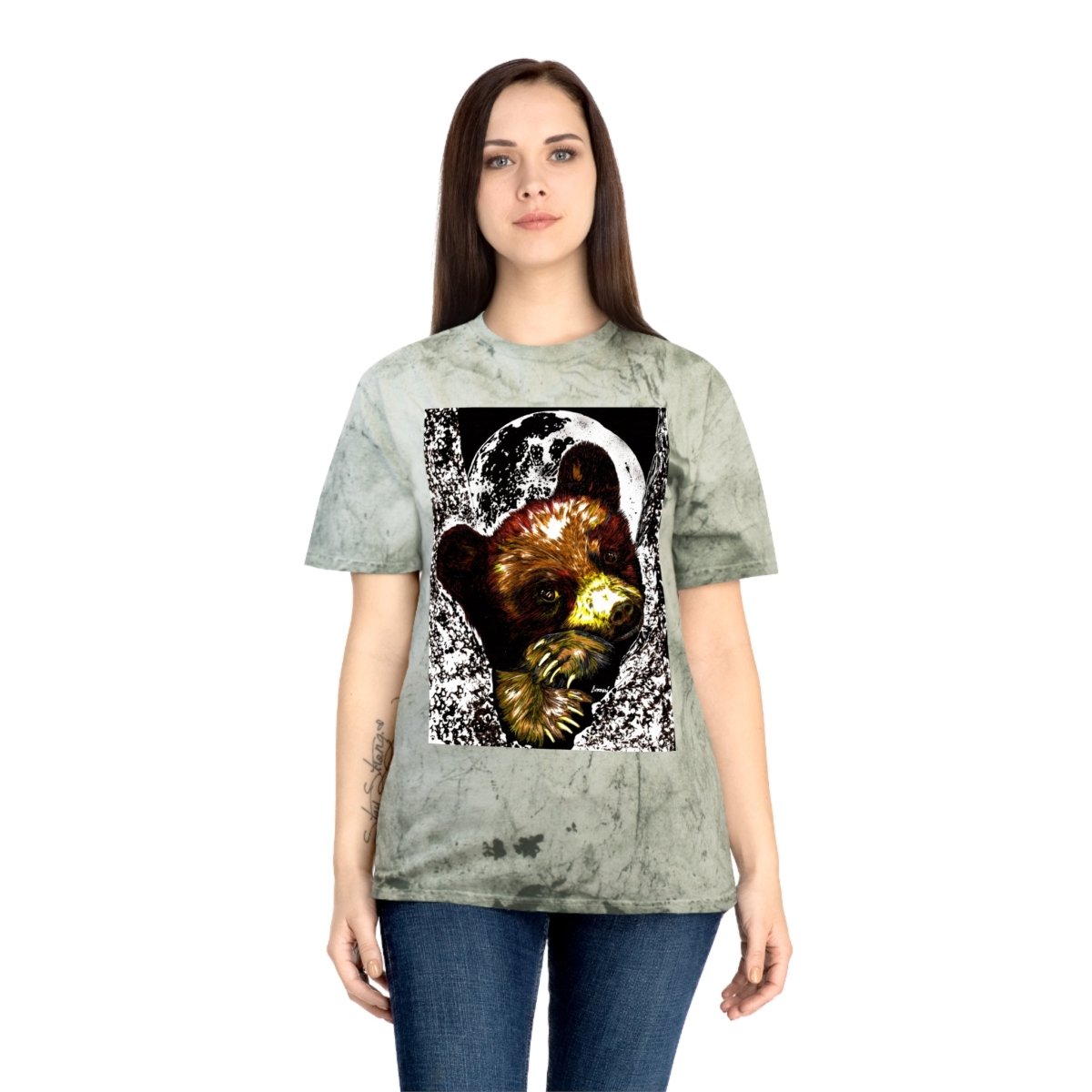 Colorful Brown Bear Cub Moon Unisex T-Shirt - Artistic Wildlife Design - Curran Artworks
