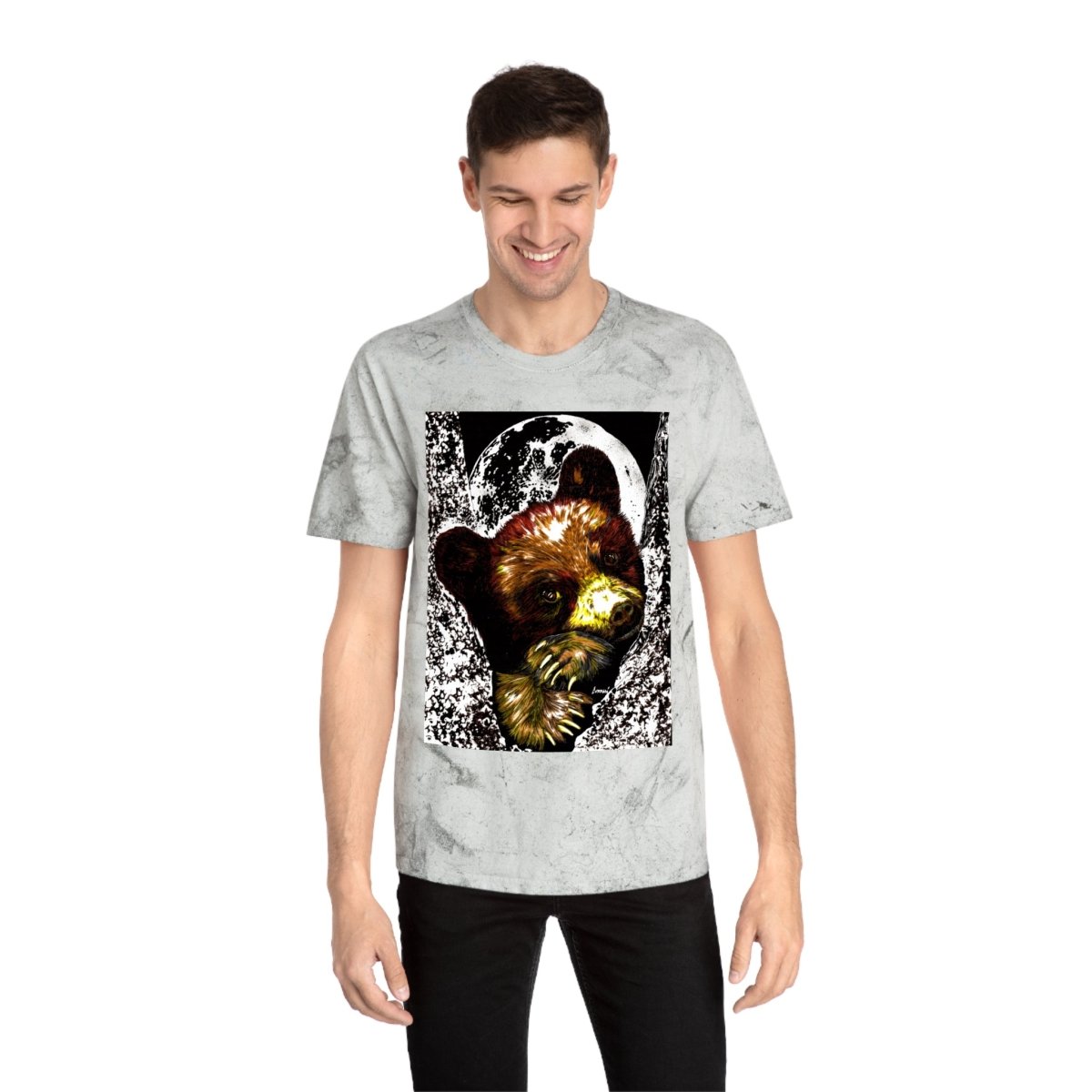Colorful Brown Bear Cub Moon Unisex T-Shirt - Artistic Wildlife Design - Curran Artworks