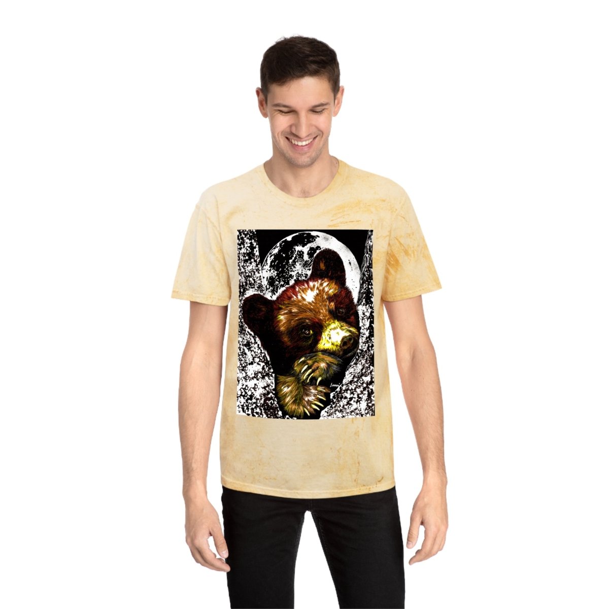 Colorful Brown Bear Cub Moon Unisex T-Shirt - Artistic Wildlife Design - Curran Artworks