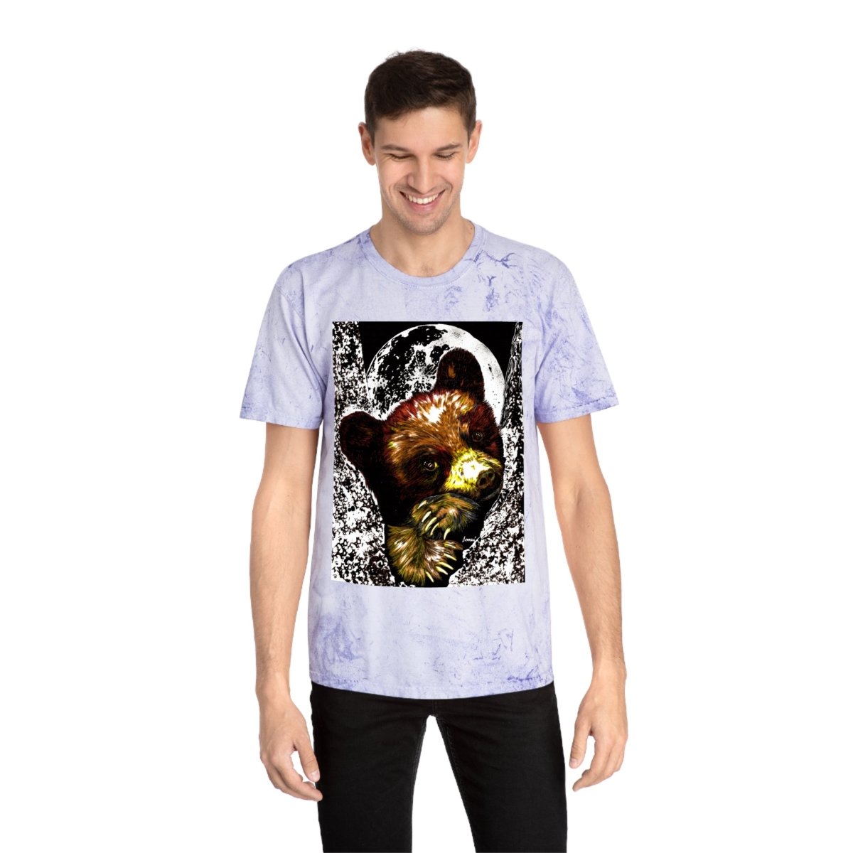 Colorful Brown Bear Cub Moon Unisex T-Shirt - Artistic Wildlife Design - Curran Artworks