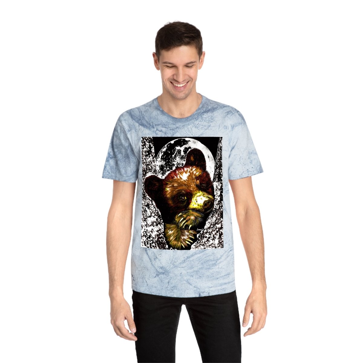 Colorful Brown Bear Cub Moon Unisex T-Shirt - Artistic Wildlife Design - Curran Artworks