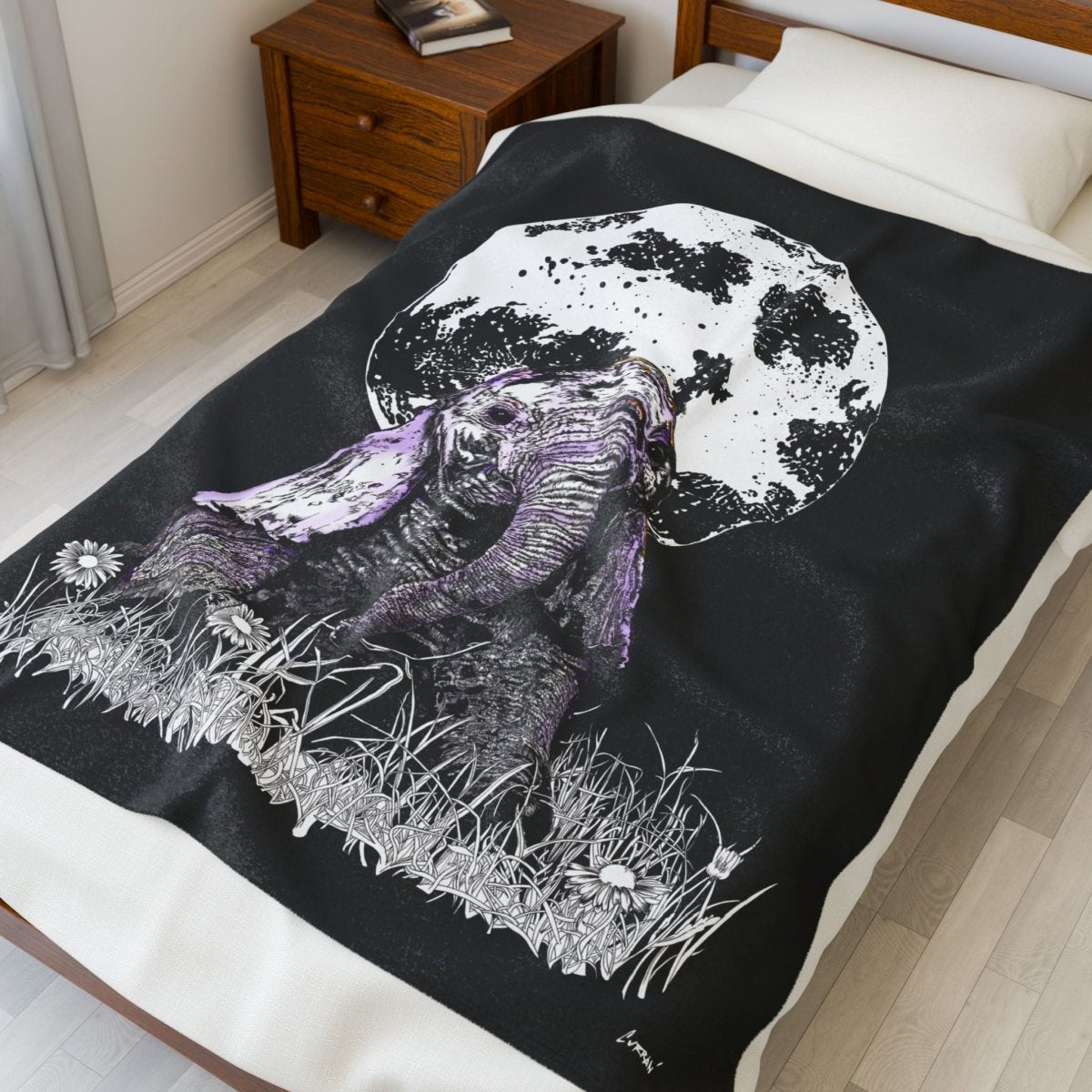 Cozy Elephant Moon Velveteen Plush Blanket - Perfect for Home Decor & Gifts - Curran Artworks