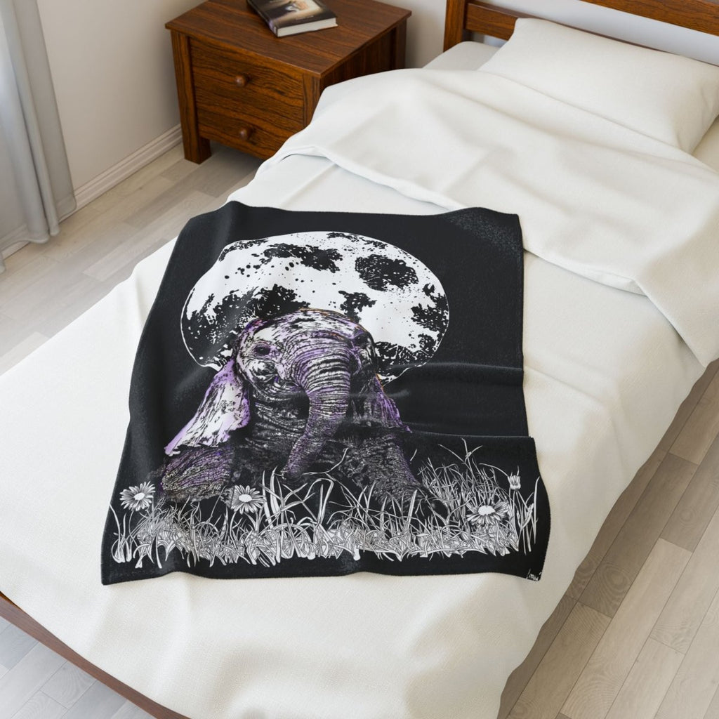 Cozy Elephant Moon Velveteen Plush Blanket - Perfect for Home Decor & Gifts - Curran Artworks