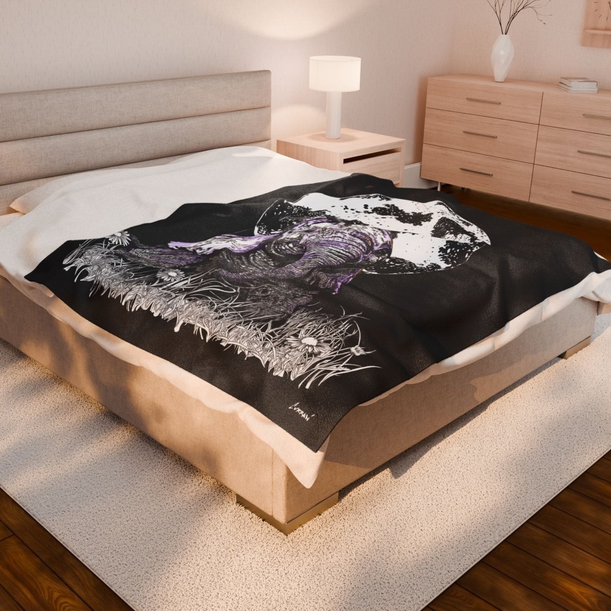 Cozy Elephant Moon Velveteen Plush Blanket - Perfect for Home Decor & Gifts - Curran Artworks