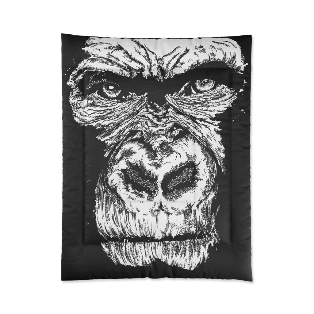 Gorilla Face Comforter | Black and White Animal Artwork for Cozy Bedrooms - Curran Artworks