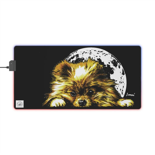 LED Gaming Mouse Pad - Moonlit Pomeranian Pup RGB Desk Accessory for Gamers - Curran Artworks