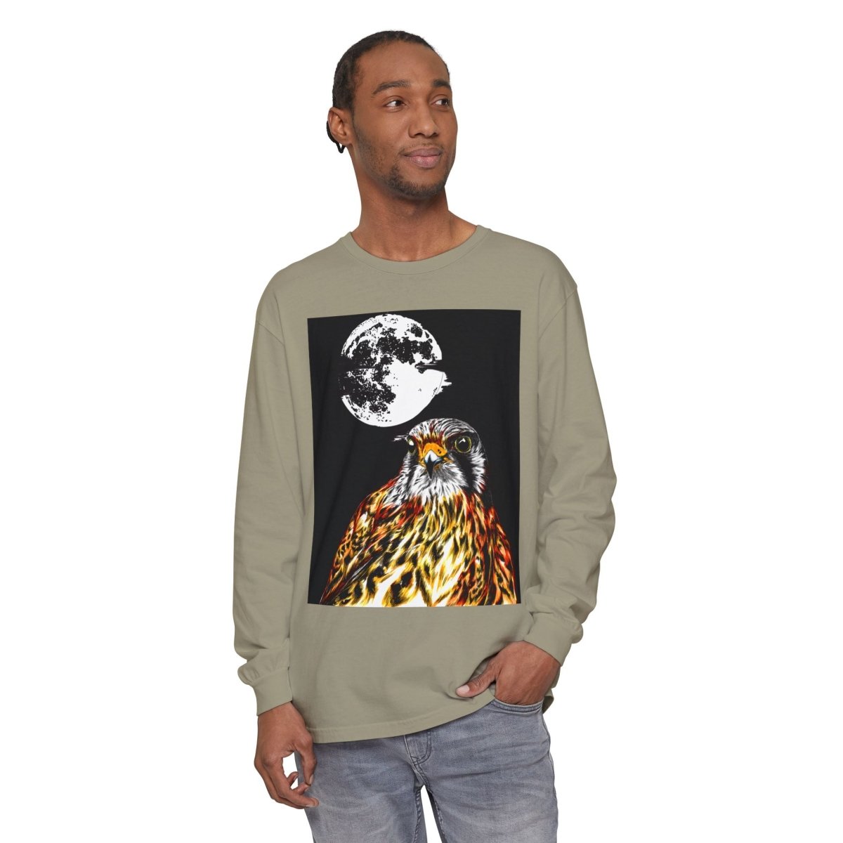 Moonlit Falcon Unisex Long Sleeve T-Shirt - Wildlife Art Wear - Curran Artworks