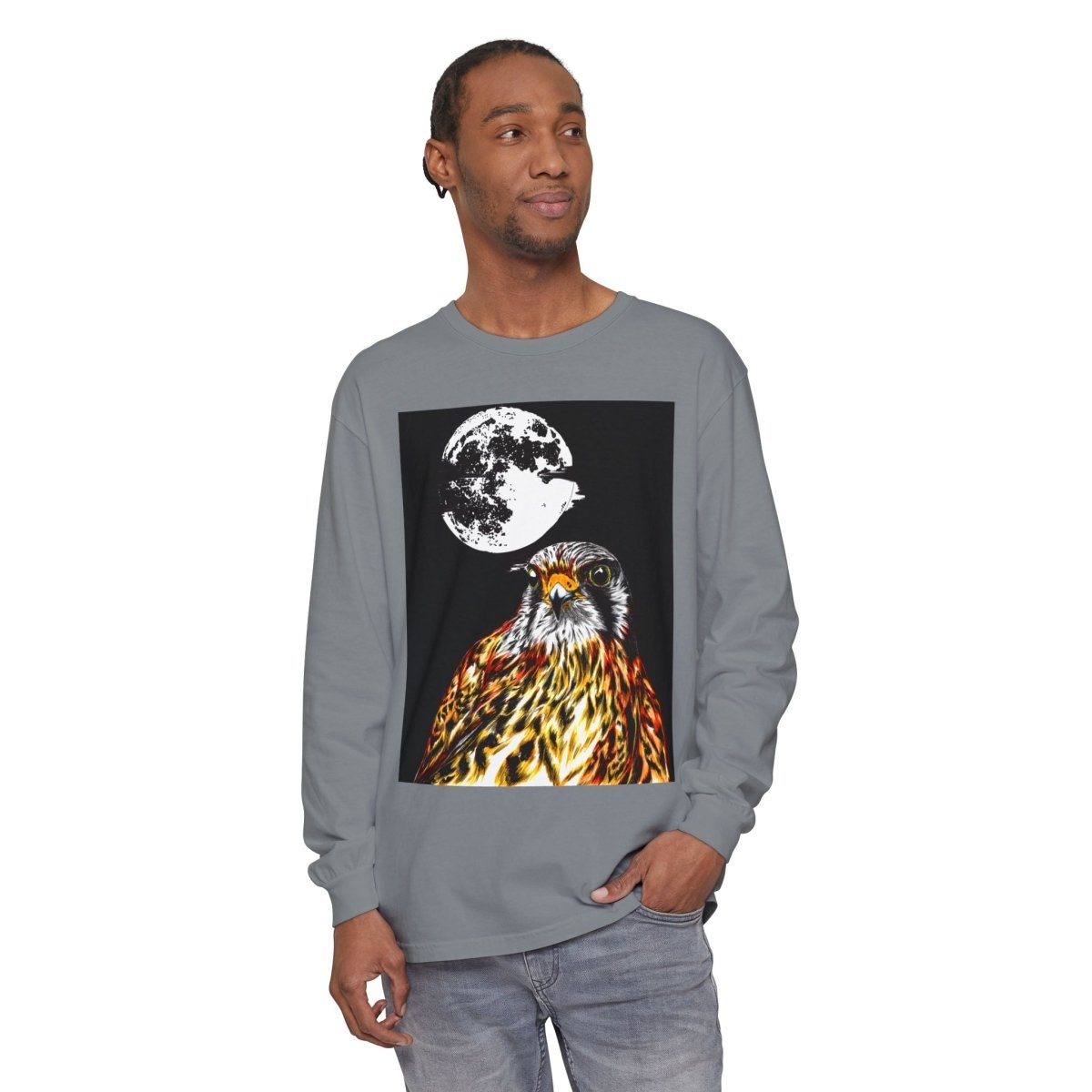 Moonlit Falcon Unisex Long Sleeve T-Shirt - Wildlife Art Wear - Curran Artworks