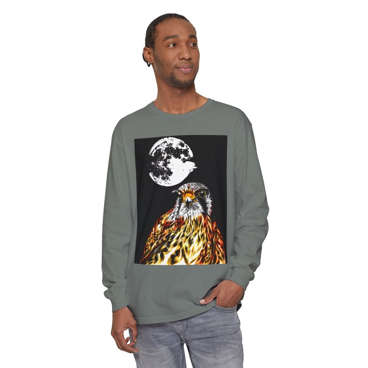 Moonlit Falcon Unisex Long Sleeve T-Shirt - Wildlife Art Wear - Curran Artworks