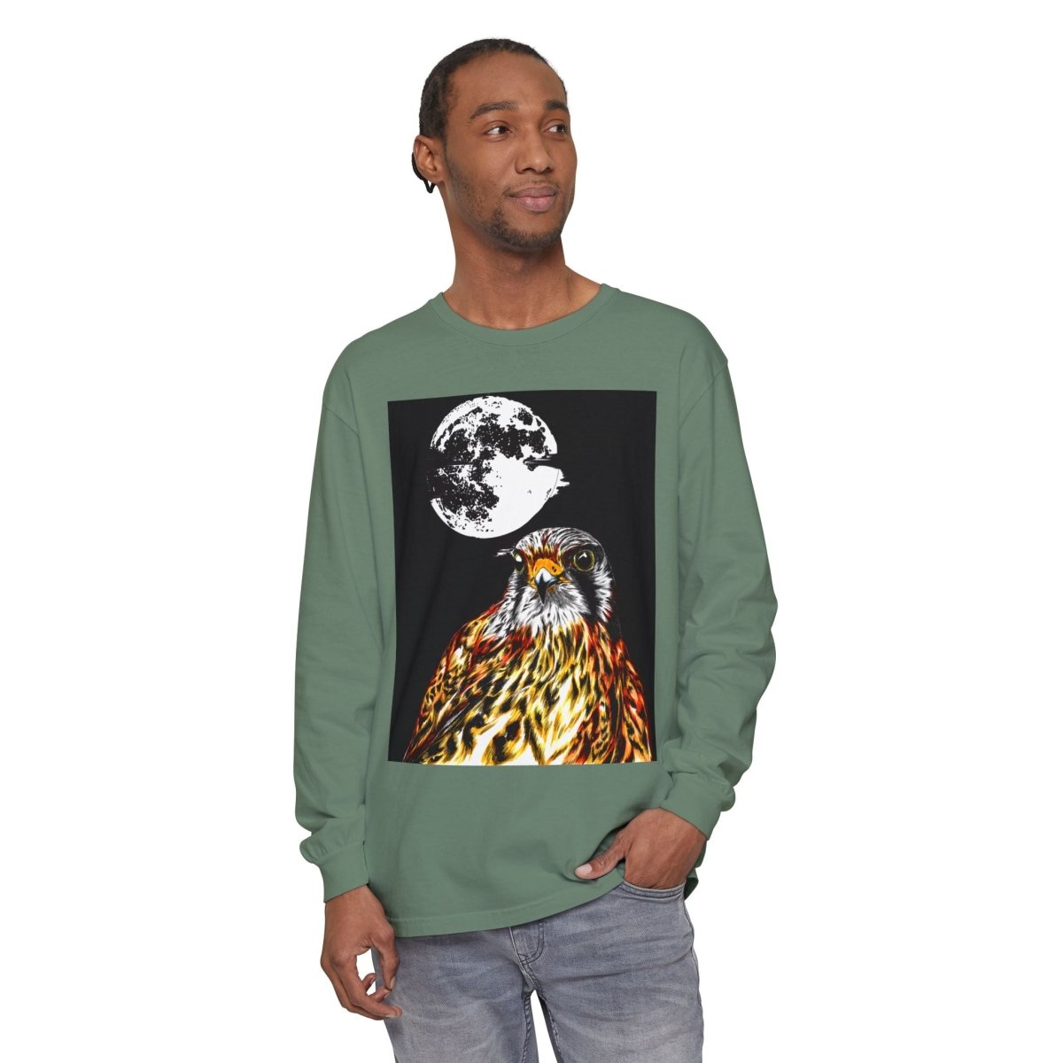 Moonlit Falcon Unisex Long Sleeve T-Shirt - Wildlife Art Wear - Curran Artworks