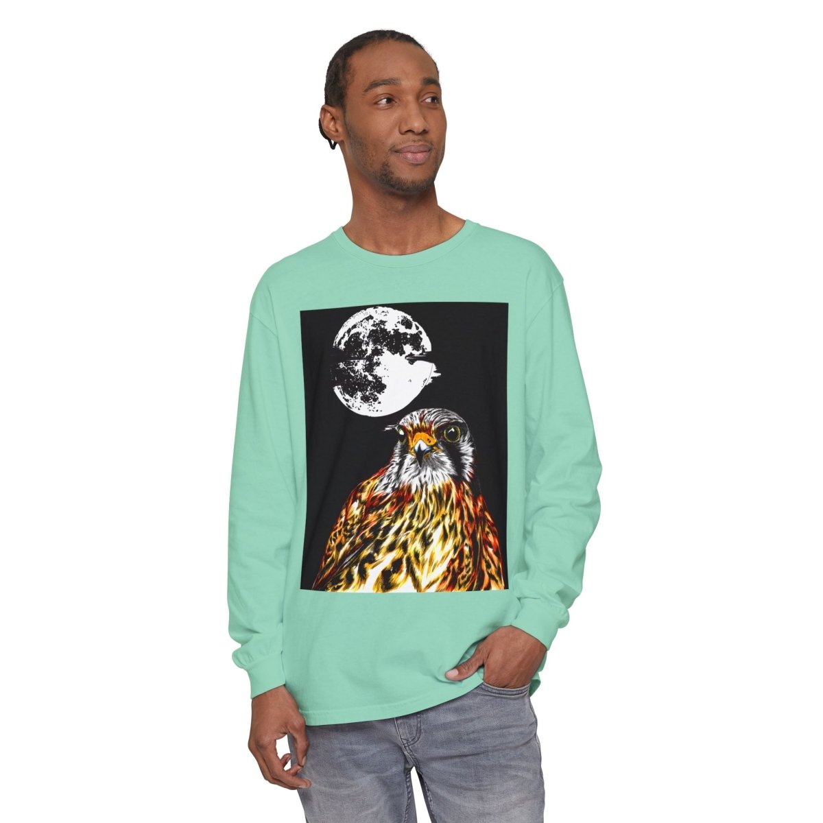 Moonlit Falcon Unisex Long Sleeve T-Shirt - Wildlife Art Wear - Curran Artworks