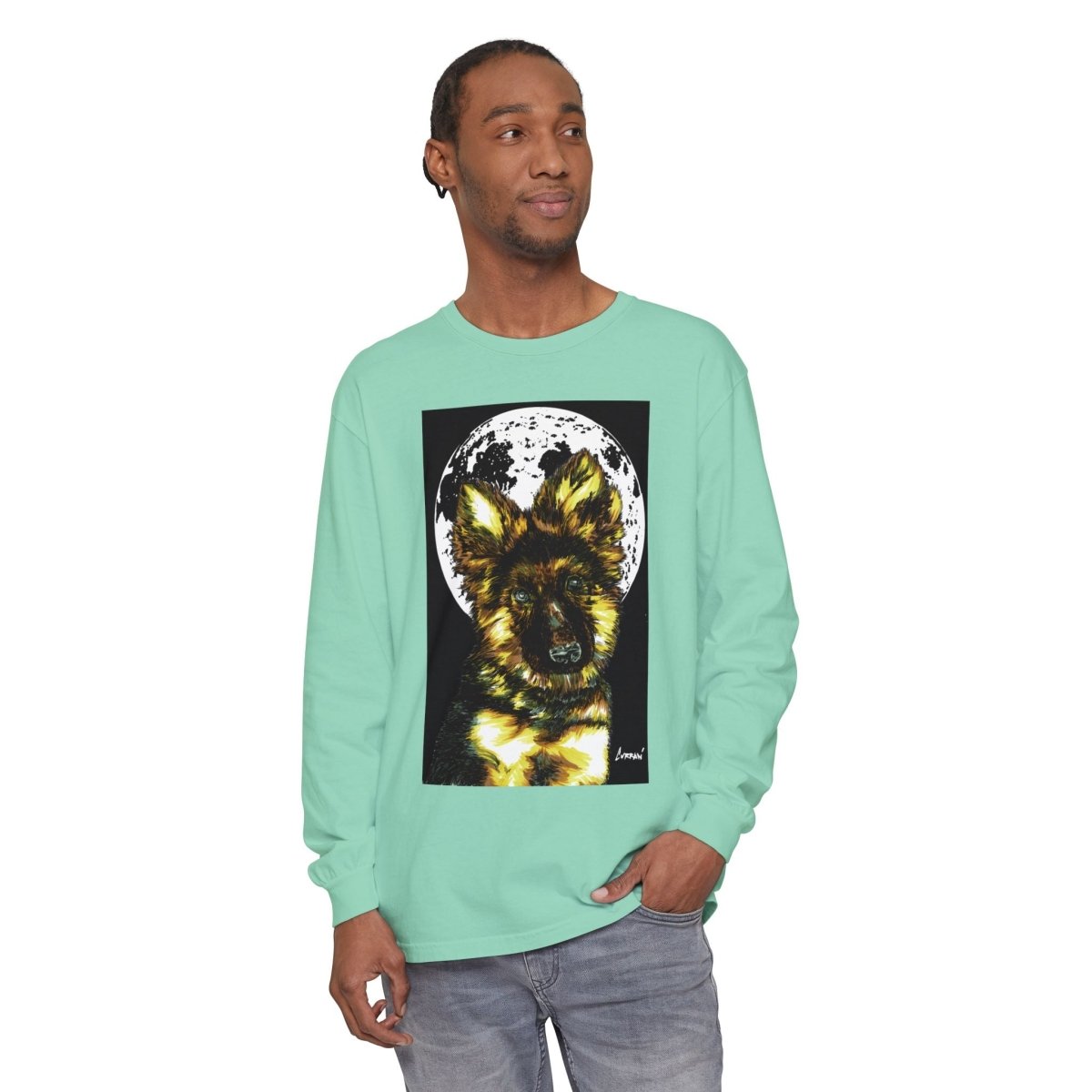Moonlit German Shepherd Puppy Long Sleeve Tee - Curran Artworks