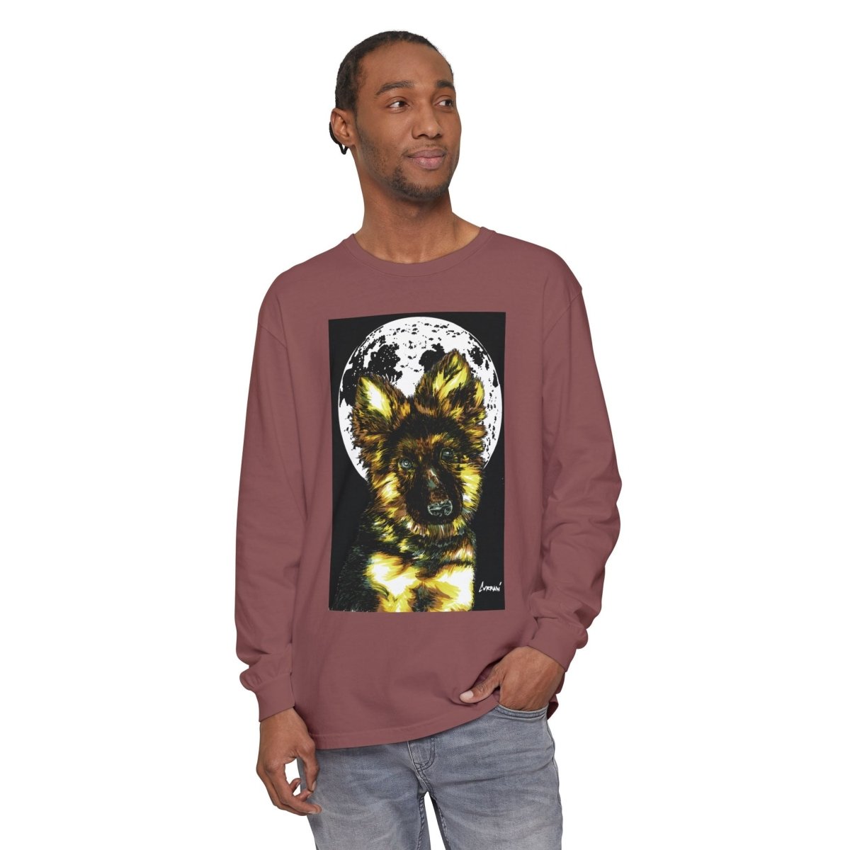 Moonlit German Shepherd Puppy Long Sleeve Tee - Curran Artworks