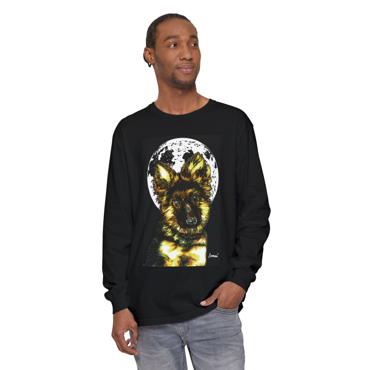 Moonlit German Shepherd Puppy Long Sleeve Tee - Curran Artworks