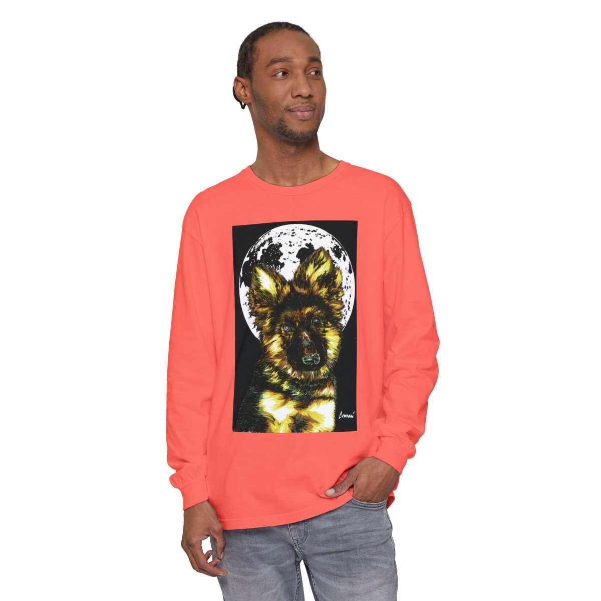 Moonlit German Shepherd Puppy Long Sleeve Tee - Curran Artworks
