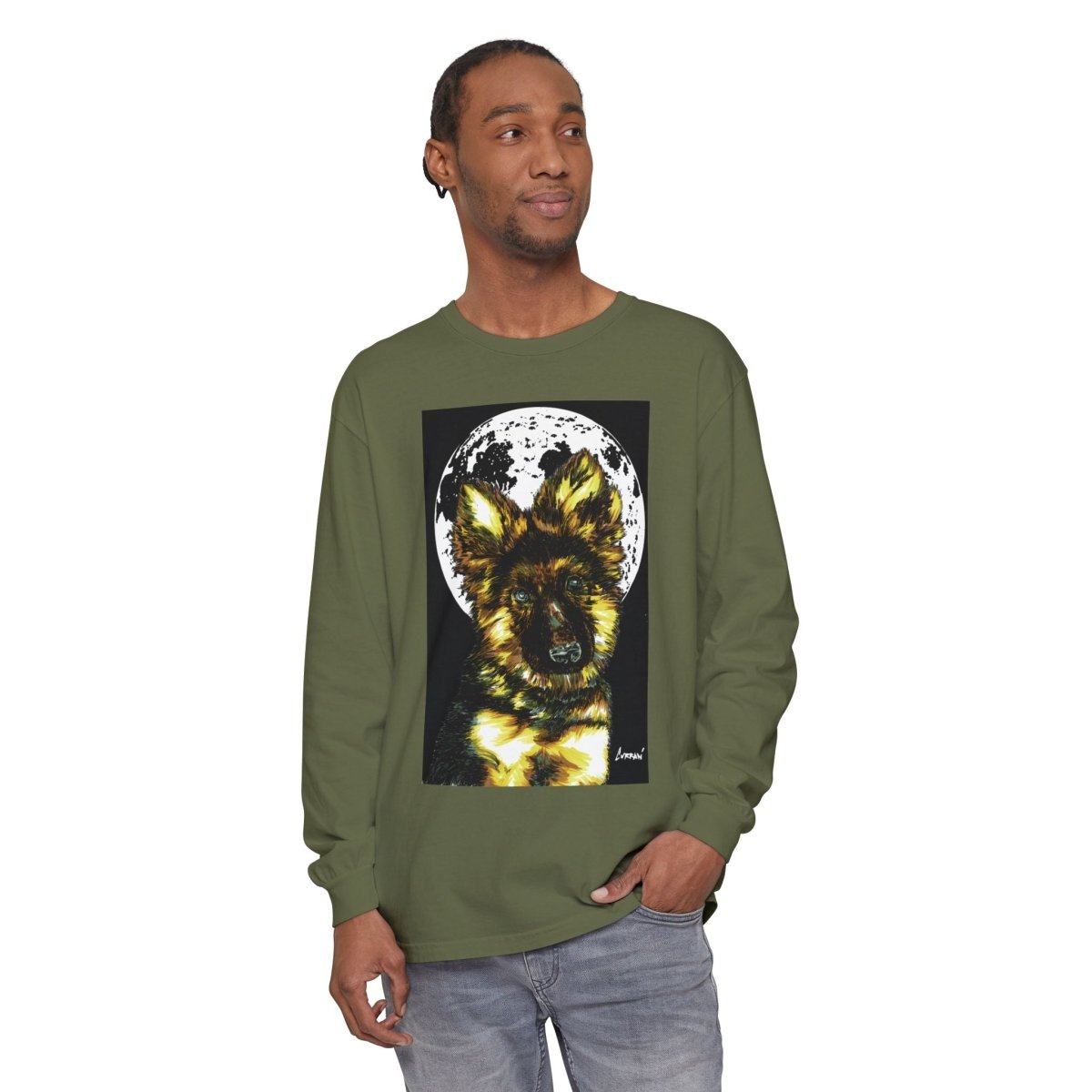 Moonlit German Shepherd Puppy Long Sleeve Tee - Curran Artworks
