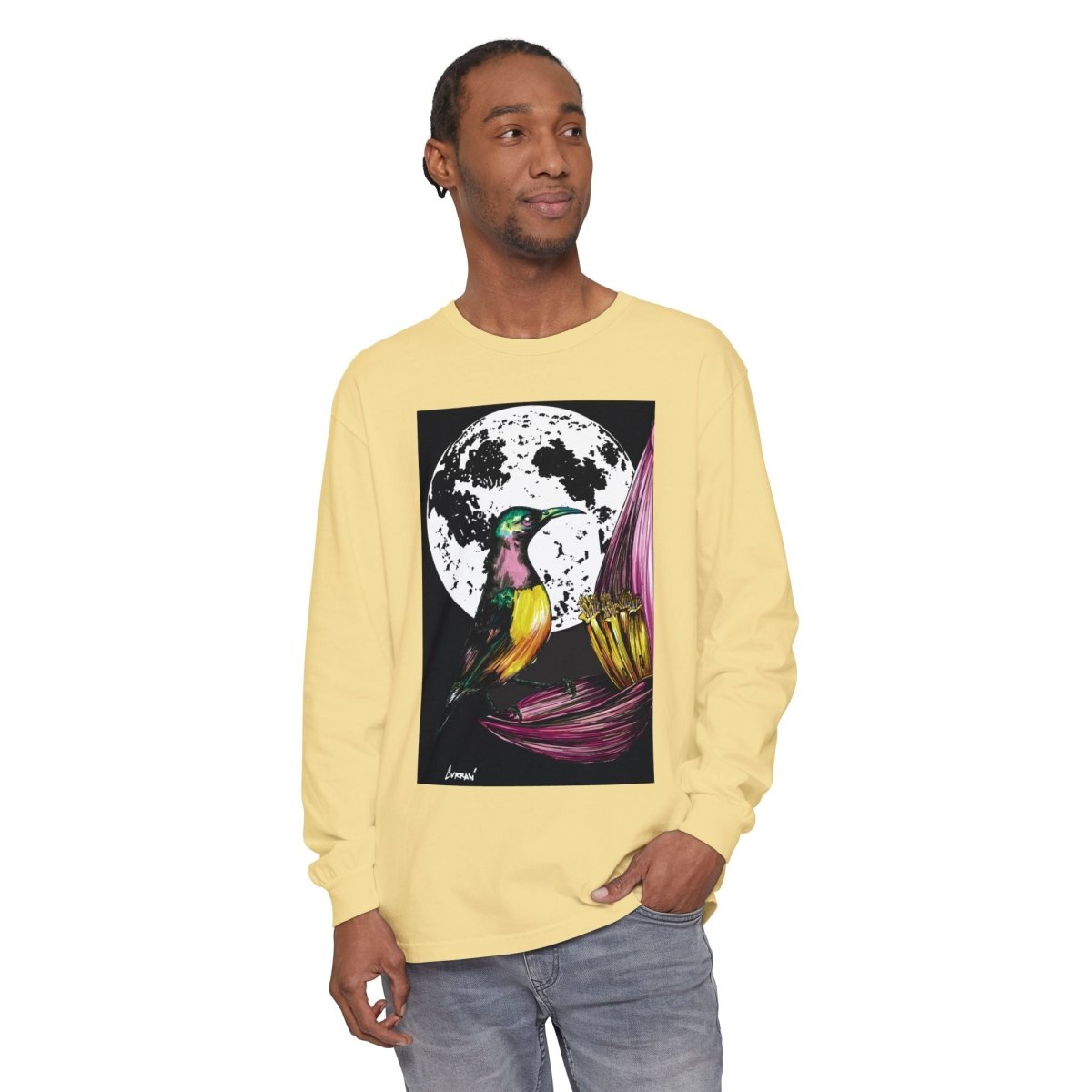 Moonlit Hummingbird Long Sleeve T-Shirt - Unisex Botanical Art Tee - Curran Artworks