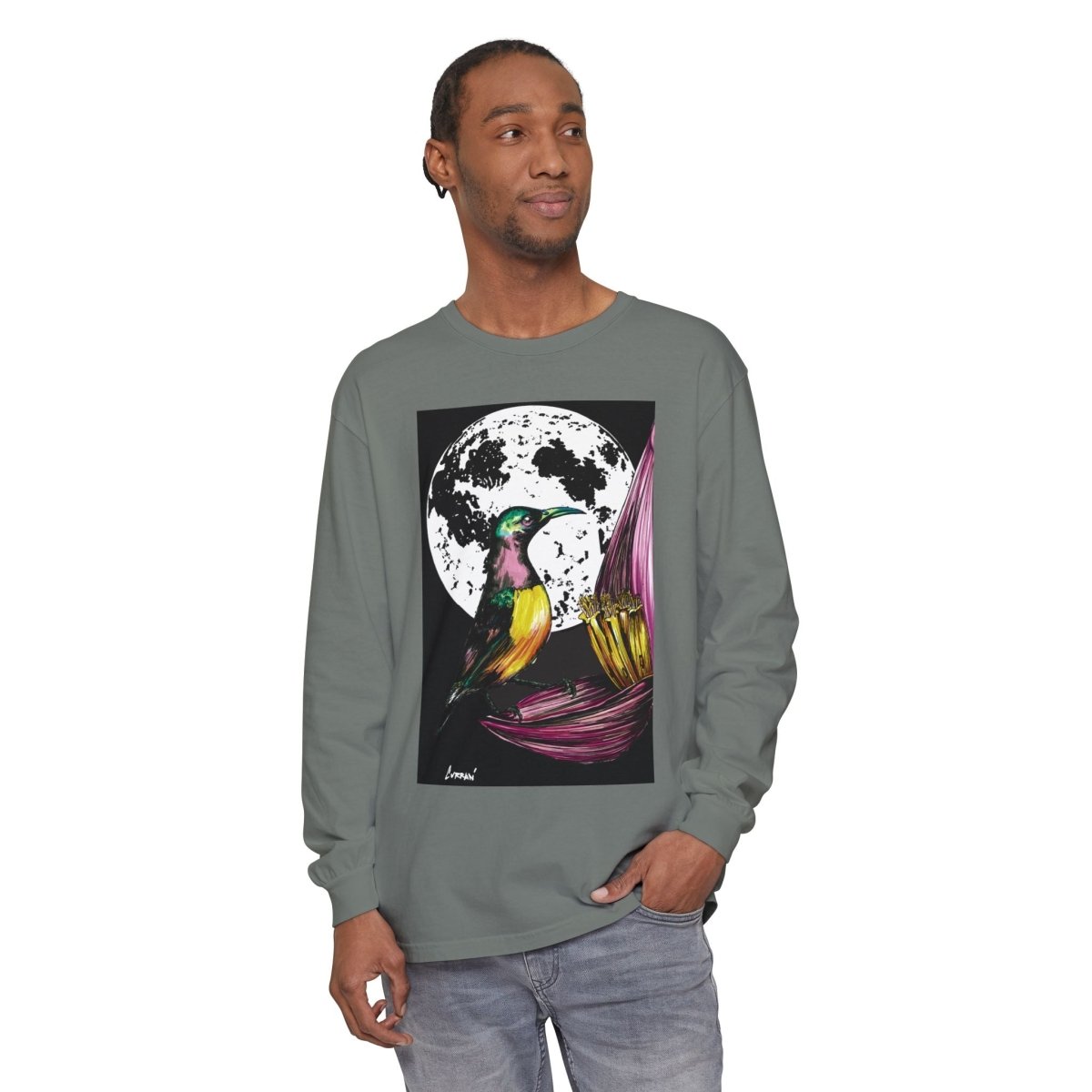Moonlit Hummingbird Long Sleeve T-Shirt - Unisex Botanical Art Tee - Curran Artworks