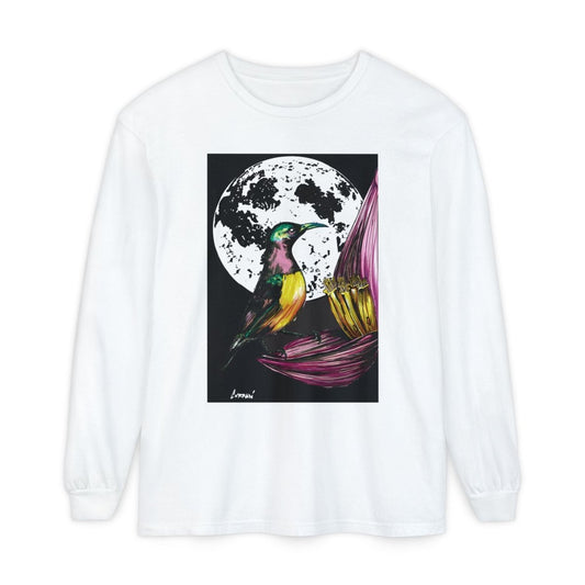 Moonlit Hummingbird Long Sleeve T-Shirt - Unisex Botanical Art Tee - Curran Artworks