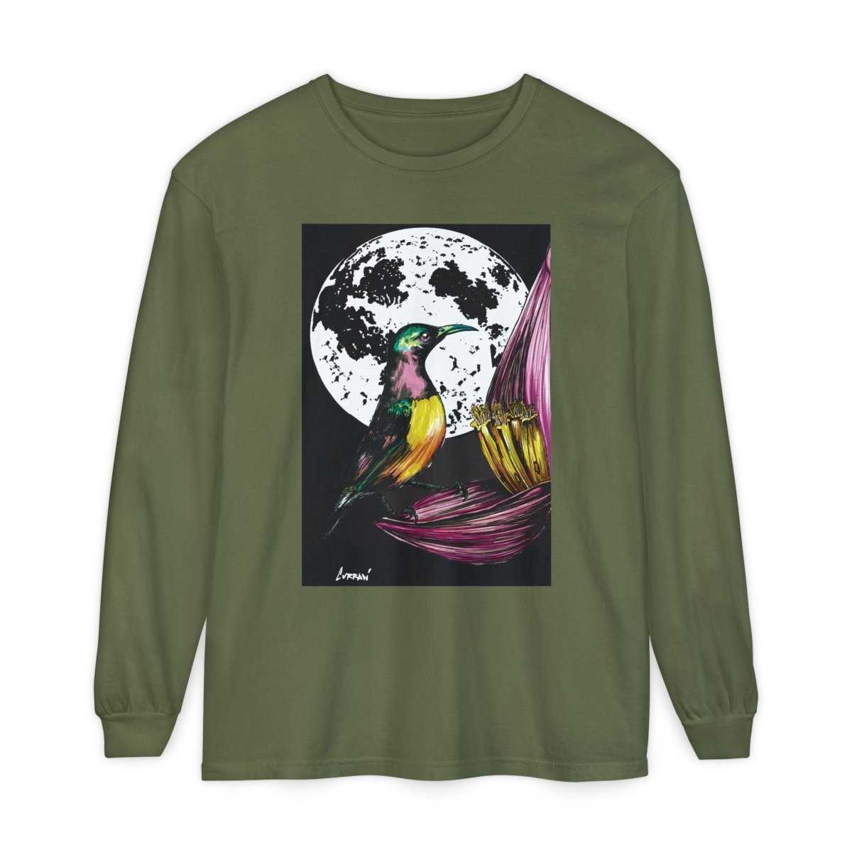 Moonlit Hummingbird Long Sleeve T-Shirt - Unisex Botanical Art Tee - Curran Artworks