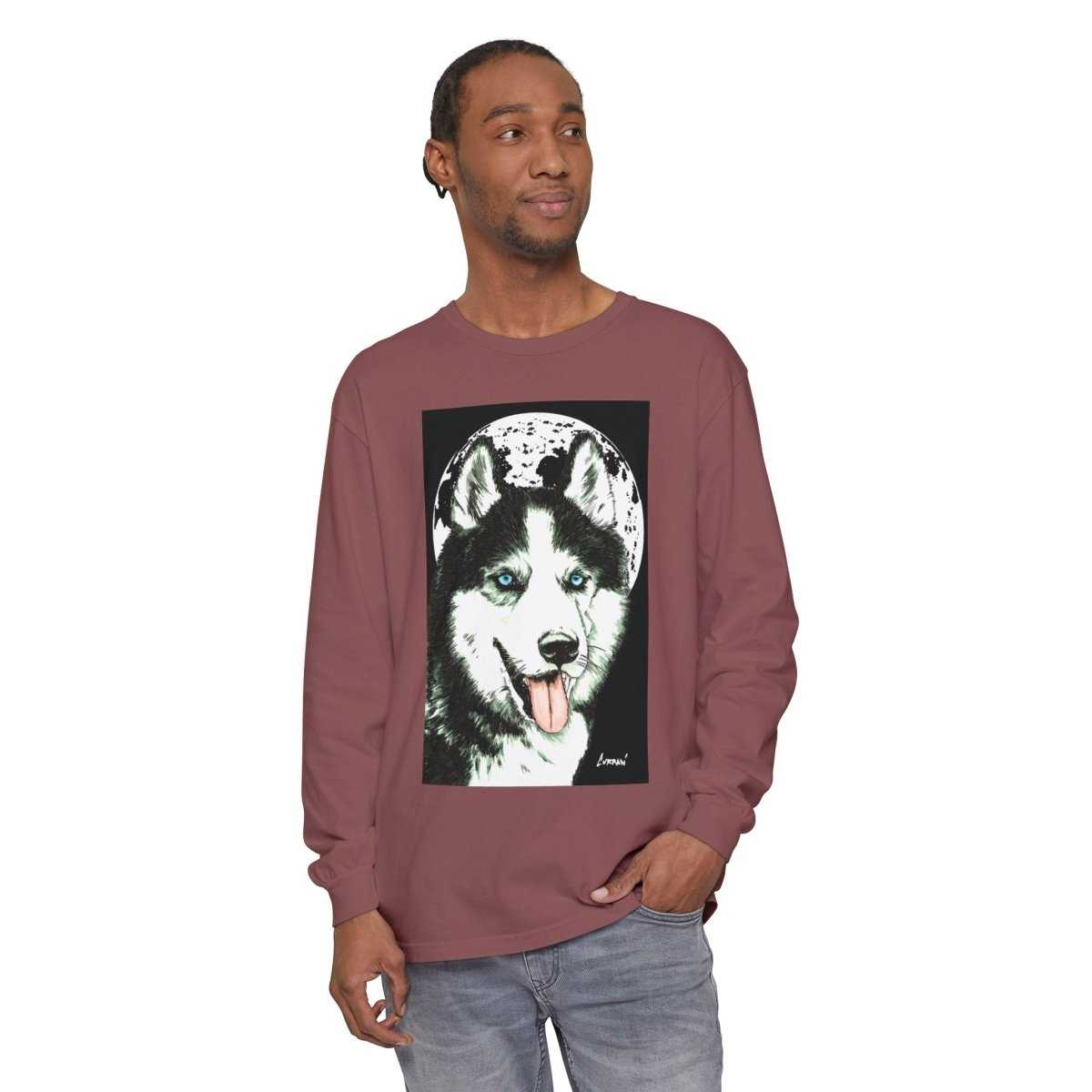 Moonlit Husky Long Sleeve T-Shirt | Cozy Unisex Graphic Tee for Dog Lovers - Curran Artworks